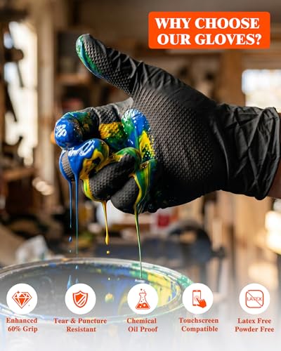 wcy 9 Mil Heavy Duty Disposable Nitrile Gloves, Black Large, Diamond Grip | 80 Ct Disposable Latex Free Chemical Resistant Thick Rubber Gloves for Mechanic,Auto Repair,Industrial,Food Processing - color: Black-80, size: Large
