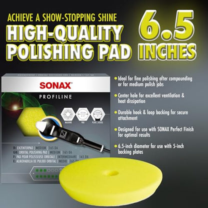 SONAX Yellow Dual Action Polishing Pad | Medium Cut Foam Pad for Swirl Removal & Paint Refinement | Ventilated Design Prevents Overheating | Durable Hook & Loop Backing | 493500 | 6.5 Inch
