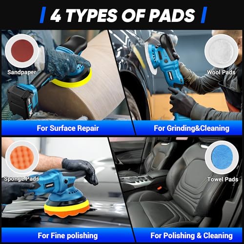 LDHTHOPI 23PCS Cordless Buffer Polisher Kit with 2×2.0Ah Battery & Charger, 10000RPM 1600W High Power Car Polisher with 6 Variable Speed, 17 Buffing Pads for Car Polishing Waxing Detailing