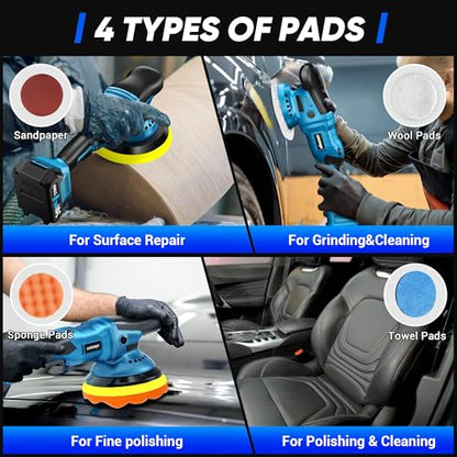 LDHTHOPI 23PCS Cordless Buffer Polisher Kit with 2×2.0Ah Battery & Charger, 10000RPM 1600W High Power Car Polisher with 6 Variable Speed, 17 Buffing Pads for Car Polishing Waxing Detailing