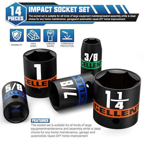 14 Pieces 1/2-Inch Drive Impact Socket Set, 3/8" to 1-1/4" Shallow Socket, 6 Point SAE Sockets for Automotive Repair, Equipment Maintenance - size: 1/2 Inch SAE