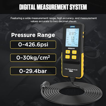 Digital Fuel Pressure Gauge Kit, 0-426.6 PSI Automotive Fuel Pressure Tester with 2.8" Backlit Screen, Temperature Display, 20+ Adapters, Multi-Unit Switching