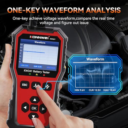 KONNWEI KW341 6V 12V 24V Battery Tester for Car Truck Motorcycle | Automotive Load tester, Cranking & charging test, CCA 10-2000, Supports lead-acid/AGM/GEL/EFB/Lithium, In/out-vehicle modes