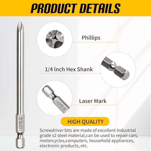 8 Pcs Phillips Screwdriver Bit Set,1/4 Inch Hex Shank 4 Inch Long S2 Steel with Magnetic, Impact Tough Screwdriving Power Bits - style: Phillips(8-Size)