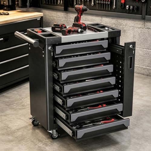 7-Drawer Rolling Tool Chest, Tool Box Lockable Metal Tool Cabinet with Side Storage Cabinet, Ball Bearing Slides Steel Organizer,Heavy-Duty Powder-Coated Tool Cart for Garage Workshope, Grey - size: 7 Drawers- Grey