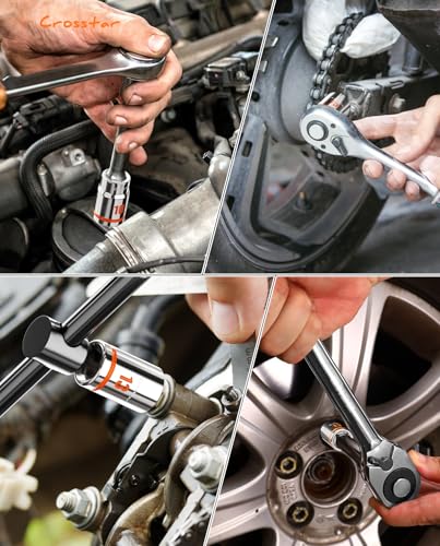 Crosstar 10pcs 3/8" Drive Shallow Socket Set, Low Profile Stubby Socket Set with EVA foam, 6-Point Mechanic Metric Socket Sets in 10mm-19mm for tight space,use with ratchet wrenches