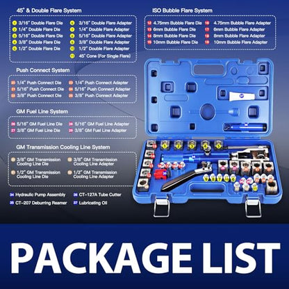 Professional Hydraulic Flaring Tool Kit, with Stabilizing Arm for 45° Double & Single, ISO Bubble, GM Fuel & Transmission Line Flares - 3/16" to 1/2" & 4-10mm, Includes Cutter & Deburrer - size: MU-HFTK-410