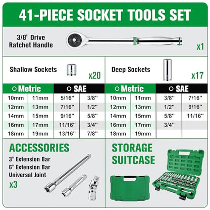 SK 3/8" Drive Socket Set with 216-P Ratchet, SAE & Metric, CR-V Steel | 41-Piece Sockets with Quick-Release Ratchet, SuperKrome Finish, Heat Treated, with Storage Suitcase - size: 3/8" Drive