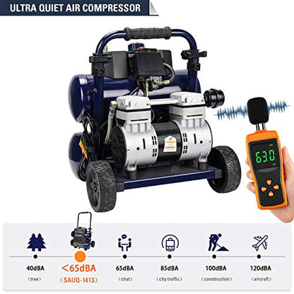 Stealth Quiet Air Compressor with Wheel, 64 Decibel 4.5 Gallon Peak 1.3 HP Max 150 PSI, Oil-Free Air Pump, 3 CFM @ 90 PSI Portable Air Compressor for Garage, Workshop, Jobsite SAQ-1413