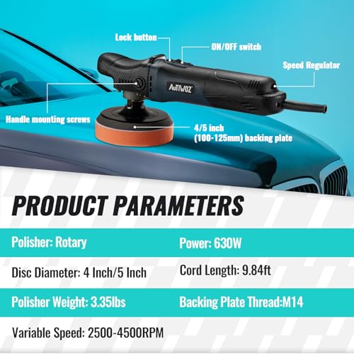 AUTIWOZ Car Polisher Buffer, 4 Inch/5 Inch Rotary Car Buffer Polisher 6 Variable Speed 2500-4500rpm, Polishing for Car Detailing Boat Sanding Polishing and Waxing, W04