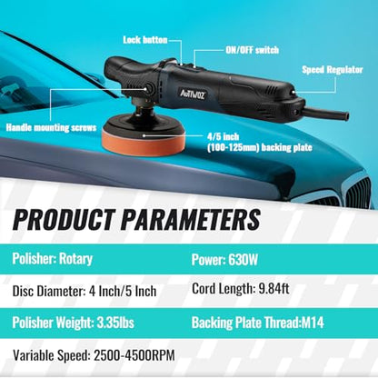 AUTIWOZ Car Polisher Buffer, 4 Inch/5 Inch Rotary Car Buffer Polisher 6 Variable Speed 2500-4500rpm, Polishing for Car Detailing Boat Sanding Polishing and Waxing, W04