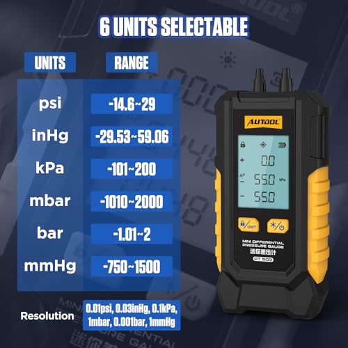 AUTOOL Manometer Gas Pressure Tester, Digital Manometer HVAC, 6 Units Differential Dual Port Pressure Gauge -101 to 200Kpa, Data Zeroing with Backlight LCD Display