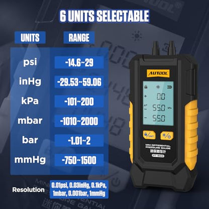 AUTOOL Manometer Gas Pressure Tester, Digital Manometer HVAC, 6 Units Differential Dual Port Pressure Gauge -101 to 200Kpa, Data Zeroing with Backlight LCD Display