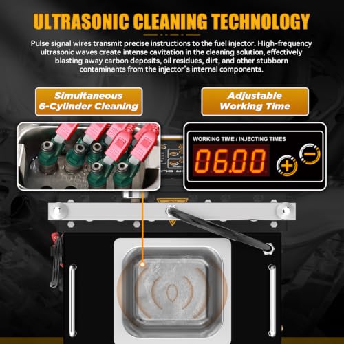 AUTOOL CT450 Fuel Injector Tester & Cleaner, 6-Cylinder Ultrasonic Injector Cleaning Machine with Heating, GDI EFI FSI Compatible, 3 Cleaning Modes & 10 Test Functions, 12V/70V/120V Output