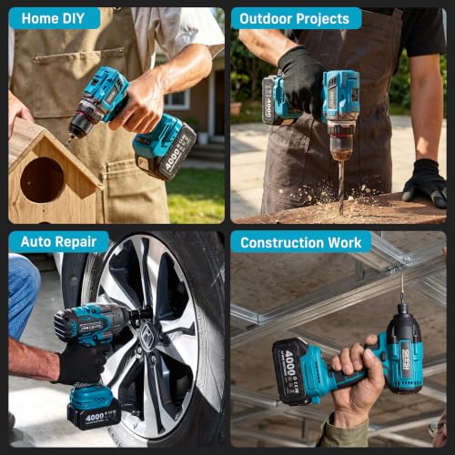 Seesii Power Tool Combo Kits,1000N.m Impact Wrench1/2, 3/8" 180N.m Impact Driver and 1/4" 50N.m Impact Drill, Brushless, 2 * 4000mAh Bartteris,Fast Charger,Impact Gun For Car Home DIY - color: Dark Blue 1000n.m + Two Batteries