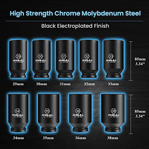 Anbull 1/2" 9 PCS Deep Axle nut Impact Socket Set, CR-Mo Steel, 12-Point Design, Metric Sizes(29, 30, 31, 32, 33, 34, 35, 36, 38mm)