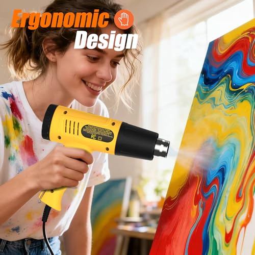 Heat Gun 1300W for Vinyl Wrap,Crafting,Shrink Tubing,Paint,Epoxy Resin,Candle Making,Adjustable Temperature,Overload Protection Hot Air Gun Kit Nozzles (Yellow, Two-Gear Button Temperature Control)