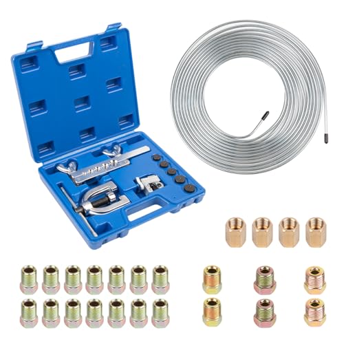 ICOOL 25 ft 3/16" Zinc Coated Brake Line Kit with Double & Single Flaring Tool Kit, Includes 20 Fittings and 4 Unions Brake Line Fittings