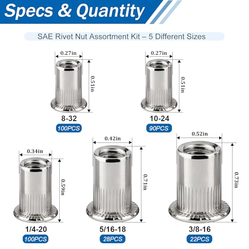 340Pcs Rivet Nut Assortment Kit, SAE Rivnut Set #8-32#10-24 1/4"-20 5/16"-18 3/8"-16 UNC 304 Stainless Steel Nutsert Flat Head Knurled Body Threaded Inserts for Metal, Automotive, DIY - size: SS SAE kits 340pcs