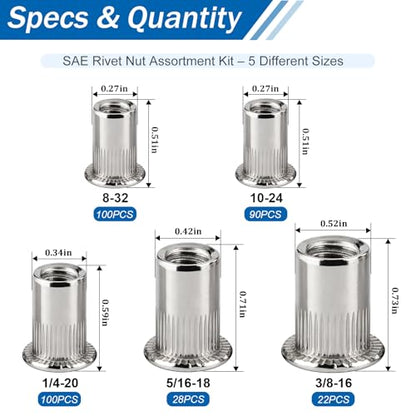 340Pcs Rivet Nut Assortment Kit, SAE Rivnut Set #8-32#10-24 1/4"-20 5/16"-18 3/8"-16 UNC 304 Stainless Steel Nutsert Flat Head Knurled Body Threaded Inserts for Metal, Automotive, DIY - size: SS SAE kits 340pcs