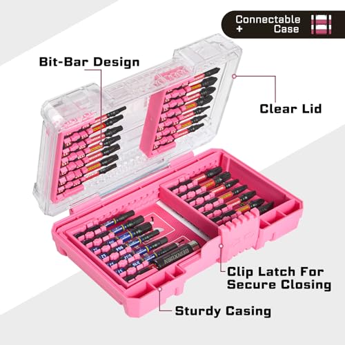 Geinxurn 28Pieces Impact Screwdriver Bits Set, Magnetic S2 Steel Phillips/Slotted/Square/Torx Insert Power Bits Tips, Impact Bit Holder with Pink Storage Box Case - style: STKB028-PK