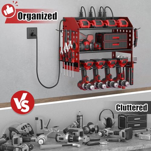 SUNALLY Power Tool Organizer Wall Mount with Charging Station,3 Layer Metal Tool Storage Rack with 4 Drill Holders, Heavy Duty Power Tool Shelf for Garage, Warehouse, Workshop, Gifts for Men, Husband - style: 4 Drill Holders F
