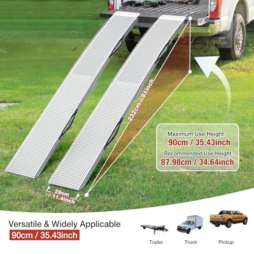 Aluminum Loading Ramps, 1900Lbs Capacity, 7.5ft Trunk Ramps for Pickup Trucks, Trailers Ramp with Load Straps for ATV/UTV, Lawn mowers,Tractors, Motorcycles, 91" L x 11.4" W, 2Pcs