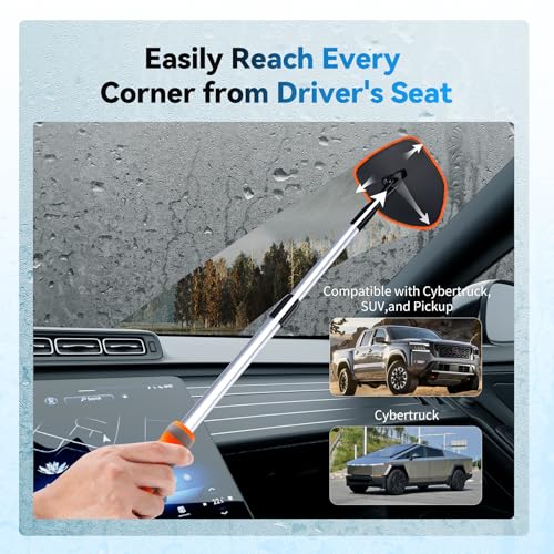 XINDELL Interior Windshield Cleaner Tool, Car Window Cleaning Kit with 4 Reusable Microfiber Pads, Extendable Handle & 360° Rotating Head, Safety Hammer, Streak-Free Auto Glass Wiper for Truck SUV RV - color: Orange