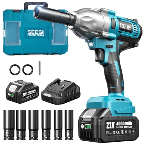 Seesii Impact Wrench 665 FT-LBS(900N.m) 3300IPM 1/2 Impact Gun High Torque Electric Impact Driver Cordless Impact Wrench with 21V 1x4.0Ah Battery 6 Sockets&Case for Home Car Tire Lug Nut Removal Tool - color: 665 Ft-lbs / 1x4.0ah Battery