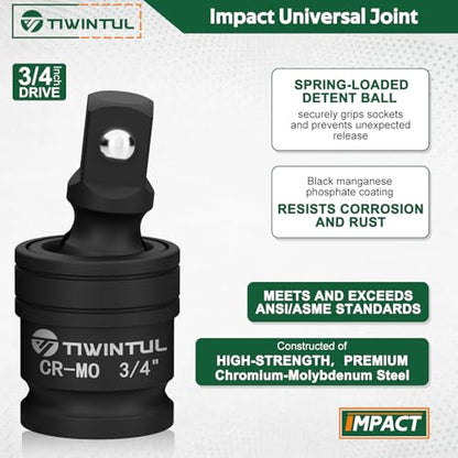 3/4 Inch Drive Universal Impact Joint, 1/2" to 3/4" Impact Adapter, 1" to 3/4" Impact Reducer, CR-MO, Impact Swivel Socket Set, 3-Piece, Meets ANSI Standards, for Mechanics & Industrial