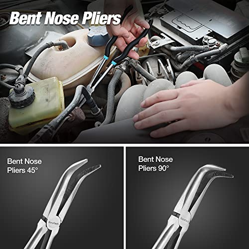 DURATECH 4 PCS Extra Long Needle Nose Pliers Set, Premium CRV Steel, 11" Long Reach Straight & 90° Bent Nose & 45°Bent Nose & Diagonal Pliers for Hard-to-Reach Narrow Spaces