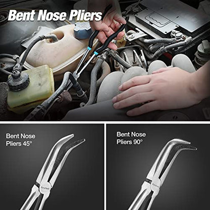DURATECH 4 PCS Extra Long Needle Nose Pliers Set, Premium CRV Steel, 11" Long Reach Straight & 90° Bent Nose & 45°Bent Nose & Diagonal Pliers for Hard-to-Reach Narrow Spaces