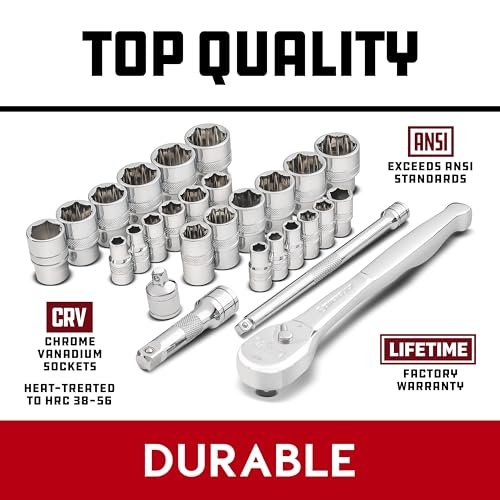 Powerbuilt 28-Piece Zeon Socket Set, SAE & Metric Rounded Fastener Grip Sockets with XT90 90-Tooth Ratchet, Extensions & Storage Tray - 941763 - size: Metric and SAE