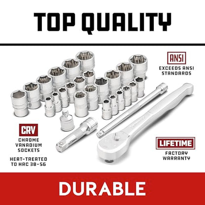 Powerbuilt 28-Piece Zeon Socket Set, SAE & Metric Rounded Fastener Grip Sockets with XT90 90-Tooth Ratchet, Extensions & Storage Tray - 941763 - size: Metric and SAE