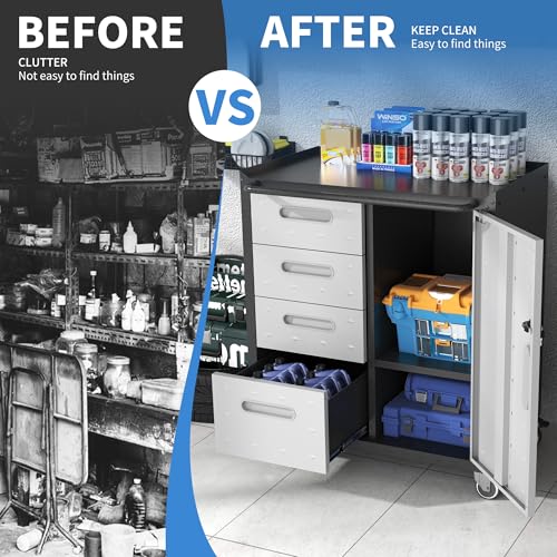 Metal Storage Cabinet for Garage, Tool Cabinet, Utility Cabinet | Wheeled, Rolling Tool Cabinet, 4 Drawers, 1 Door Lockable, Top Countertop, Assembly Required, Black & Grey - color: Black & Grey