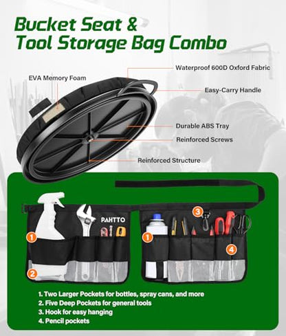 PAHTTO 5 Gallon Bucket Seat,Tool Organizer Bag & Bucket Seat Lid | Silent 360° Swivel Bucket Chair, for Camping, Fishing, Gardening, Yard Work, Hunting(Bucket and Tools Not Included)