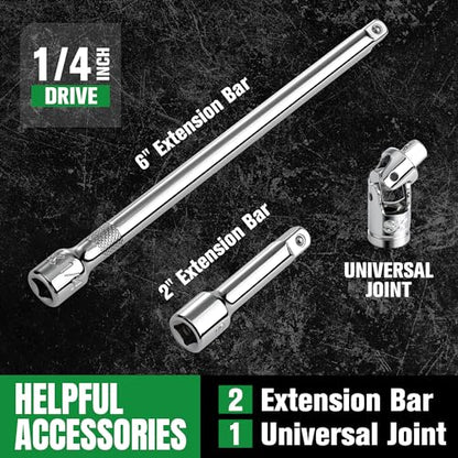 SK 1/4" Drive Socket Set with 216-P Ratchet, SAE & Metric, CR-V Steel | 50-Piece Sockets with Quick-Release Ratchet, SuperKrome Finish, Heat Treated, with Storage Suitcase - size: 1/4" Drive