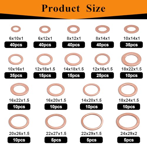 360PCS Crush Washer Oil Drain Plug,18 Sizes Copper Oil Drain Plug Gasket Assortment,Automotive Engine Crush Washers (M6 M8 M10 M12 M14 M16 M18 M20 M22 M24) - size: 360PCS (M6-M24)