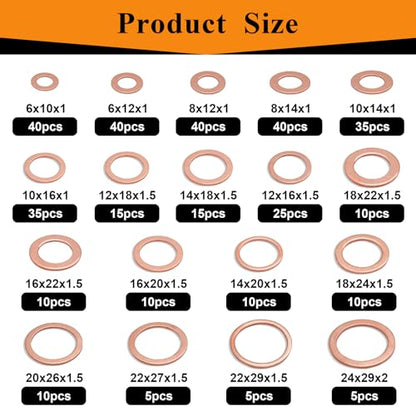 360PCS Crush Washer Oil Drain Plug,18 Sizes Copper Oil Drain Plug Gasket Assortment,Automotive Engine Crush Washers (M6 M8 M10 M12 M14 M16 M18 M20 M22 M24) - size: 360PCS (M6-M24)