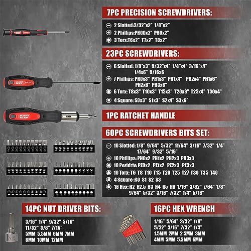 SUNHZMCKP 124-Piece Magnetic Screwdriver set, Includes Slotted, Phillips, Pozidriv, Hex, Torx and Precision Screwdriver, ratcheting screwdriver and nut drivers With Storage rack