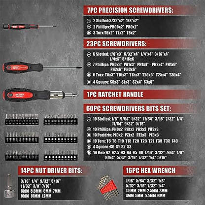 SUNHZMCKP 124-Piece Magnetic Screwdriver set, Includes Slotted, Phillips, Pozidriv, Hex, Torx and Precision Screwdriver, ratcheting screwdriver and nut drivers With Storage rack