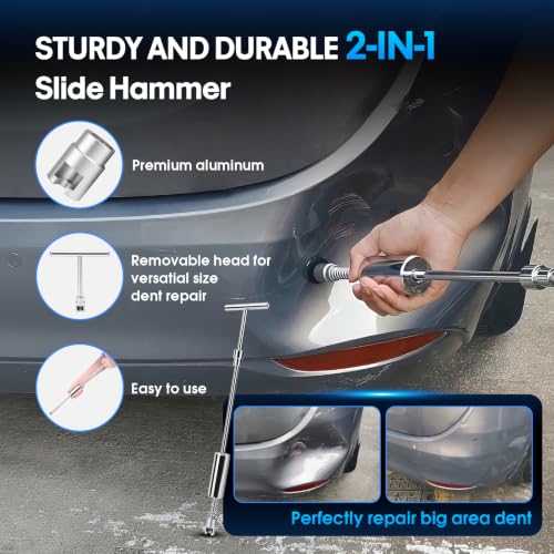 Upgraded Paintless Dent Repair Kit - 132PCS Car Dent Puller Tool Set with Heavy Duty Slide Hammer, Golden Dent Lifter, Bridge Puller, Hot Glue Gun & Tabs for Auto Body Hail Damage, Door Dings Removal