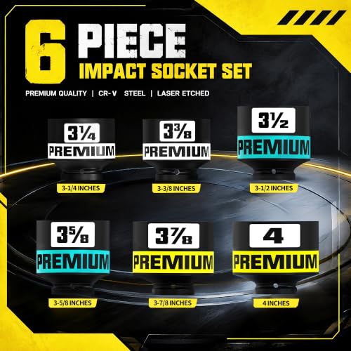 1” Drive Impact Socket Set, 3-1/4” -4” Axle Nut Sockets, 6pcs Shallow Jumbo Sockets, SAE, 6 Point, Cr-V, Repair Tools for Installing and Removing Stubborn Spindle Nuts and Bolts - size: 1" SAE