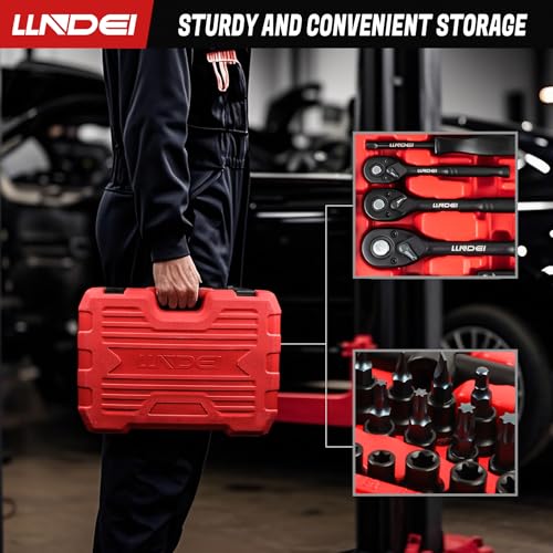 LLNDEI 160Pc Mechanics Socket Set 1/2 1/4 3/8" Drive Metric | CR-V Deep & Shallow Sockets, Metric, Quick Release Ratchet, Professional Tool Kit for Auto Repair, Truck, Garage & Home DIY - size: 160-Piece 1/2" & 3/8" & 1/4" Drive Socket Set