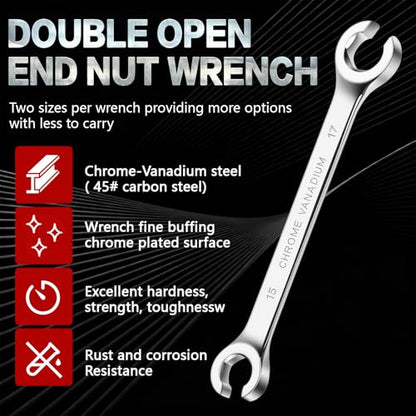 Flare Nut Wrench, 17mm x 19mm Double Open End Metric Wrench for Removing and Replacing Nuts for Automotive Repairs and Household Maintenance - size: 17mm x 19mm