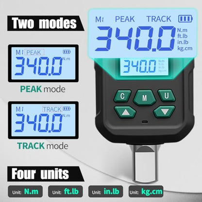 1/2" Digital Torque Wrench Adapter 7.5-250 ft-lb (10-340 Nm) | ±2% Accuracy, with 1/4"&3/8" Adapters, Buzzer & LED Alerts, Working with Ratchet Wrench, Breaker Bar
