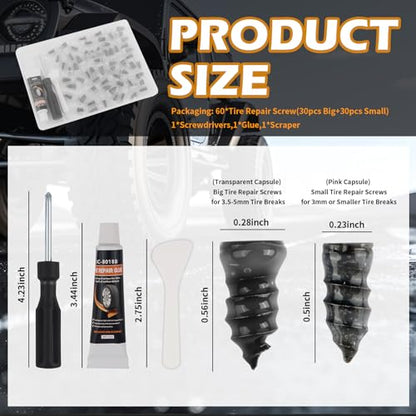 60PCS Car Tire Repair Rubber Nail Kit,Self-Tapping Tire Plug Kit Includes Tires Repairs Screws/Screwdrivers/Glue,Professional Tires Repair Screws Kits for Cars/Motorcycle