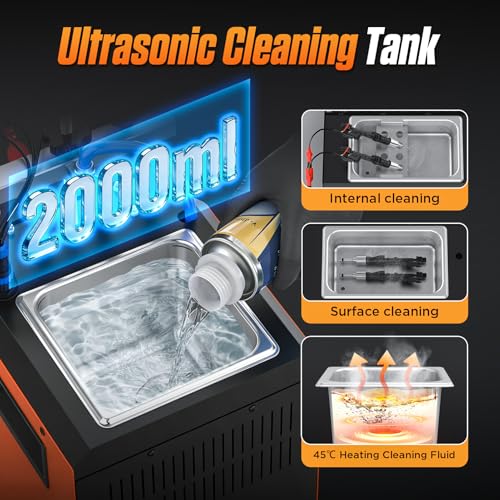 CMTOOL Ultrasonic Fuel Injector Cleaner Tester Machine 12 Functions with 45℃ Heating Cleaning Fluid 110V Fuel System Injection Cleaning Kit for 4 Cylinder Diesel Gasoline Car Motorcycle (Orange Pro)