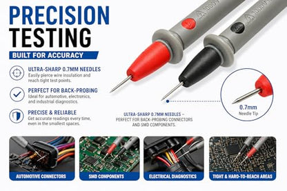 Professional Multimeter Test Leads Kit – 1000V 10A CAT III/IV – Includes Replaceable Gold-Plated Sharp Needle Probes, Alligator Clips, and Banana Plug Extension Cables for Electrical Testing