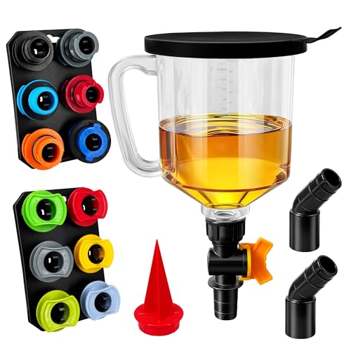 18 Pack No Spill Engine Oil Funnel Kit，1.59QT/1.5L Automotive Oil Funnel Set， 2 Magnetic Adapter Organizer Boards 12 Adapters Compatible with GM, Ford, BMW, Audi, Land Rover Etc
